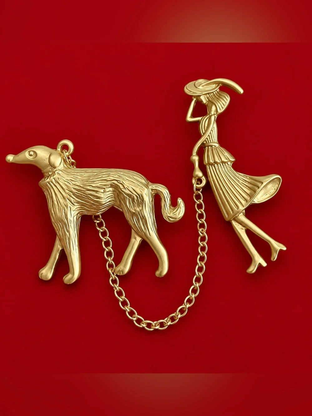 Lady Walking Dog Chain Brooch